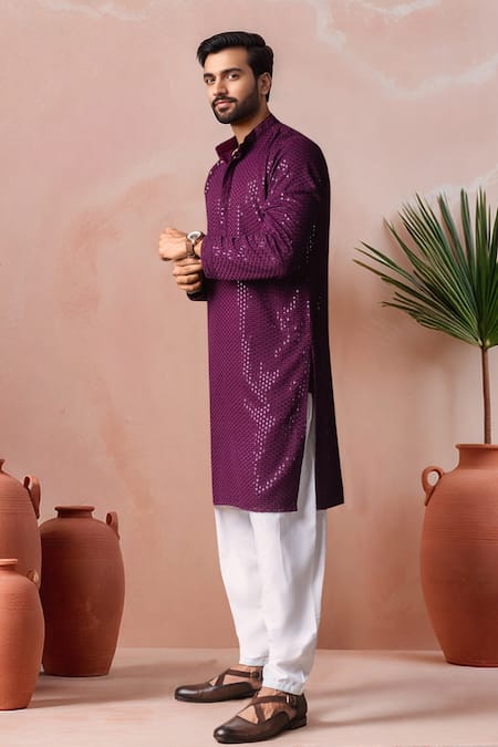 Buy_Arihant Rai Sinha_Wine Rayon, Silk Embroidery Thread Kurta And Salwar Set _Online_at_Aza_Fashions