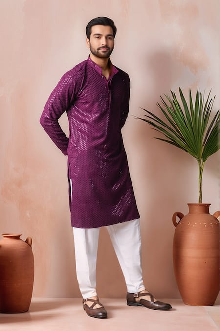 Shop_Arihant Rai Sinha_Wine Rayon, Silk Embroidery Thread Kurta And Salwar Set _Online_at_Aza_Fashions