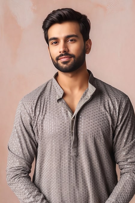 Buy_Arihant Rai Sinha_Gray Rayon, Silk Embroidery Thread Kurta And Salwar Set _Online_at_Aza_Fashions