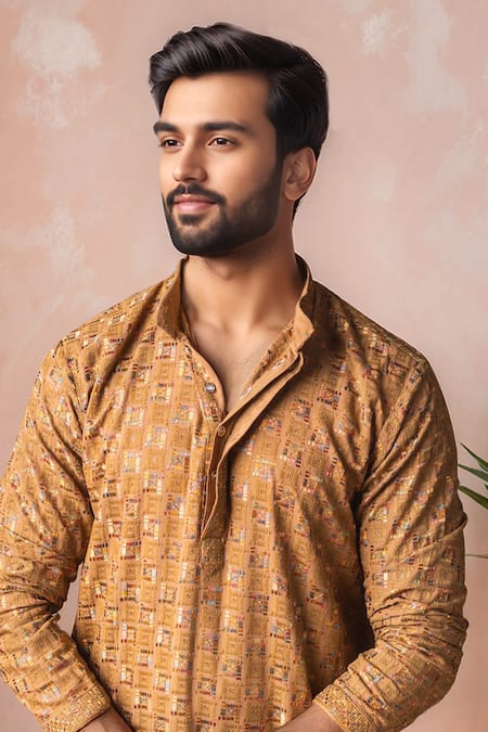 Arihant Rai Sinha_Yellow Rayon, Silk Embroidery Geometric Thread Kurta And Salwar Set _Online_at_Aza_Fashions