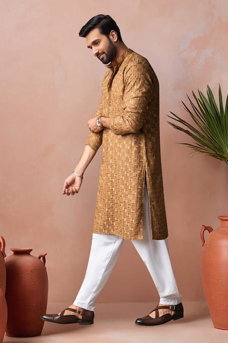 Buy_Arihant Rai Sinha_Yellow Rayon, Silk Embroidery Geometric Thread Kurta And Salwar Set _Online_at_Aza_Fashions