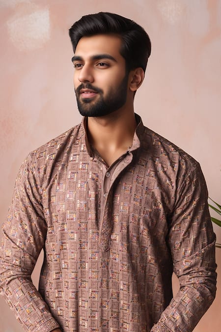 Arihant Rai Sinha_Brown Rayon, Silk Embroidery Geometric Kurta And Salwar Set _Online_at_Aza_Fashions