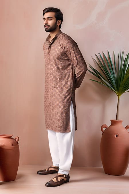 Buy_Arihant Rai Sinha_Brown Rayon, Silk Embroidery Geometric Kurta And Salwar Set _Online_at_Aza_Fashions