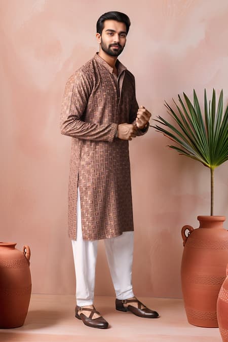 Shop_Arihant Rai Sinha_Brown Rayon, Silk Embroidery Geometric Kurta And Salwar Set _Online_at_Aza_Fashions