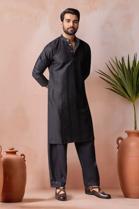 Arihant Rai Sinha_Black Rayon, Silk Embroidery, Sequins Thread Kurta And Salwar Set _Online_at_Aza_Fashions