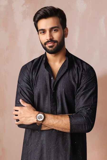 Buy_Arihant Rai Sinha_Black Rayon, Silk Embroidery, Sequins Thread Kurta And Salwar Set _Online_at_Aza_Fashions