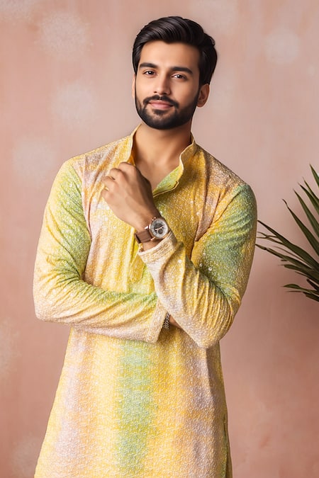 Shop_Arihant Rai Sinha_Yellow Rayon, Silk Embroidery Thread Kurta And Salwar Set _Online_at_Aza_Fashions
