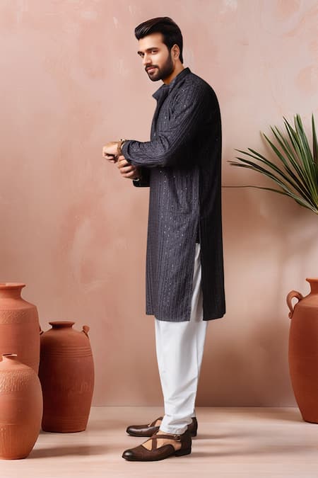 Arihant Rai Sinha_Charcoal Rayon, Silk Embroidery Thread Kurta And Salwar Set _Online_at_Aza_Fashions