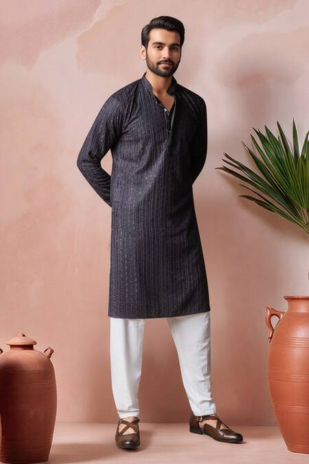 Buy_Arihant Rai Sinha_Charcoal Rayon, Silk Embroidery Thread Kurta And Salwar Set _Online_at_Aza_Fashions