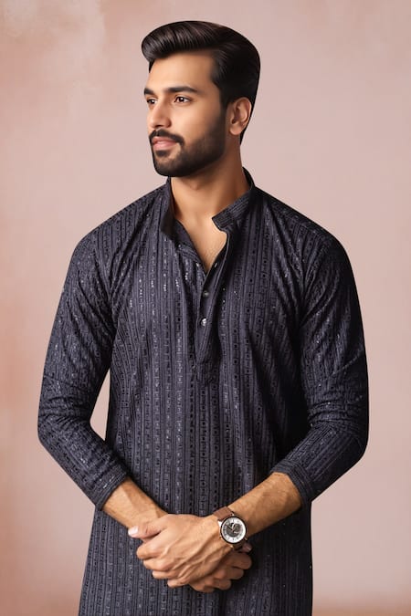Shop_Arihant Rai Sinha_Charcoal Rayon, Silk Embroidery Thread Kurta And Salwar Set _Online_at_Aza_Fashions