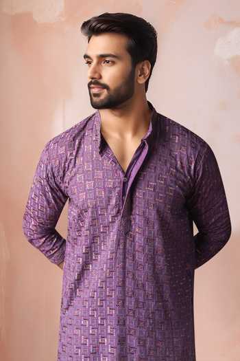 Arihant Rai Sinha_Purple Rayon, Silk Embroidery Geometric Thread Kurta And Salwar Set _Online_at_Aza_Fashions