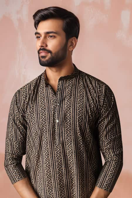 Shop_Arihant Rai Sinha_Black Modal, Silk Geometric Print Kurta And Salwar Set _Online_at_Aza_Fashions