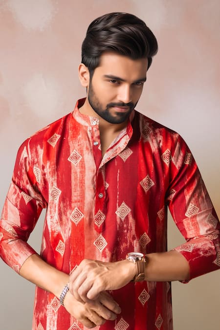Buy_Arihant Rai Sinha_Red Modal, Silk Printed Kurta And Salwar Set _Online_at_Aza_Fashions
