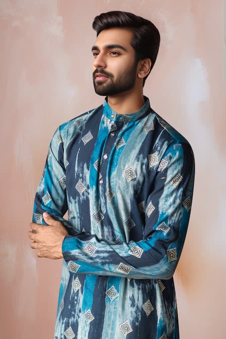 Shop Arihant Rai Sinha Blue Modal, Silk Printed Kurta And Salwar Set Online at Aza Fashions Shop_Arihant Rai Sinha_Blue Modal, Silk Printed Kurta And Salwar Set _Online_at_Aza_Fashions