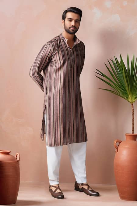 Buy_Arihant Rai Sinha_Brown Modal, Silk Printed Striped Kurta And Salwar Set _Online_at_Aza_Fashions