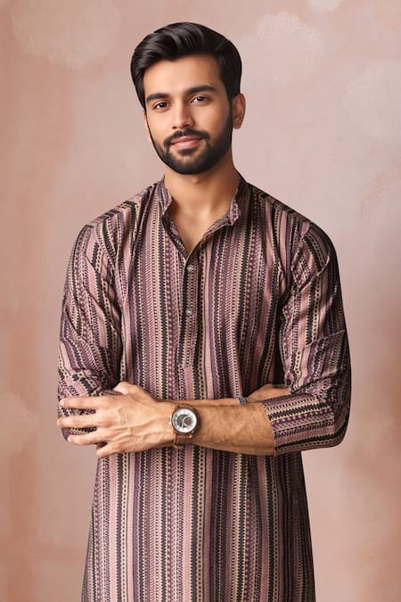 Shop_Arihant Rai Sinha_Brown Modal, Silk Printed Striped Kurta And Salwar Set _Online_at_Aza_Fashions