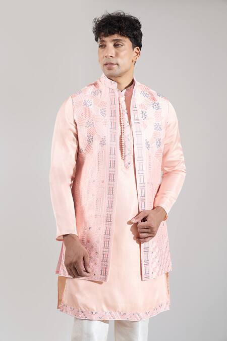 Rng Safawala_Peach Crepe, Silk, Dupion Embroidery Resham Open Jacket Kurta Set _Online_at_Aza_Fashions
