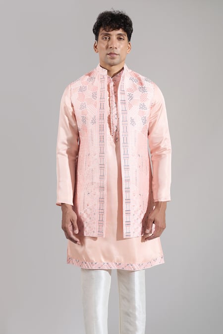Buy_Rng Safawala_Peach Crepe, Silk, Dupion Embroidery Resham Open Jacket Kurta Set _Online_at_Aza_Fashions