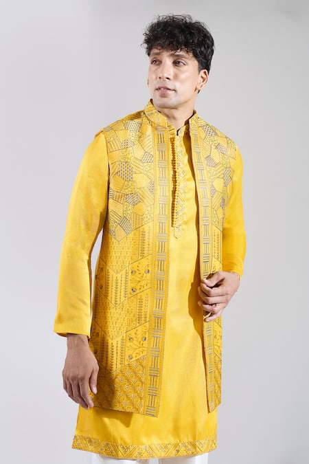 Rng Safawala_Yellow Crepe, Silk, Dupion Embroidery Geometric Resham Bundi Kurta Set _Online_at_Aza_Fashions