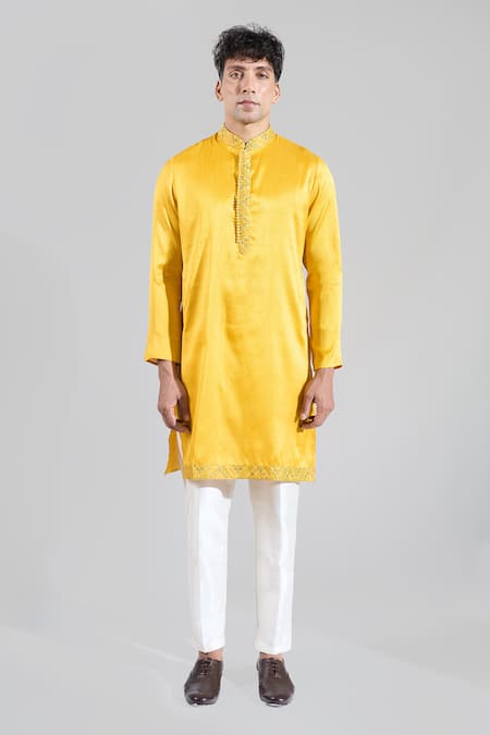 Buy_Rng Safawala_Yellow Crepe, Silk, Dupion Embroidery Geometric Resham Bundi Kurta Set _Online_at_Aza_Fashions