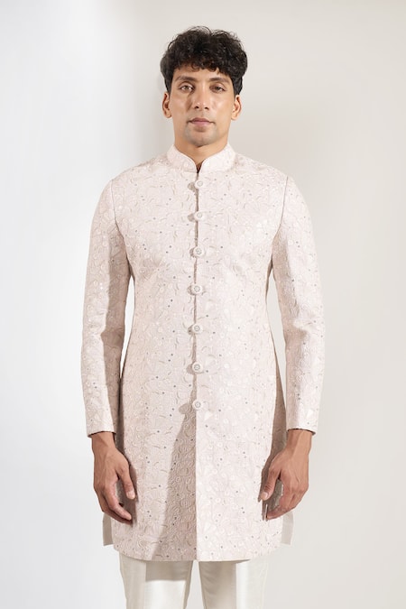 Shop_Rng Safawala_Blush Dupion Embroidery, Sequins Resham And Achkan Set _Online_at_Aza_Fashions