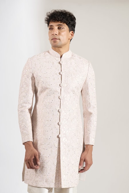 Rng Safawala_Blush Dupion Embroidery, Sequins Resham And Achkan Set _at_Aza_Fashions