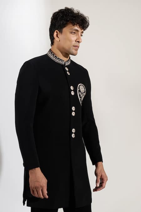 Buy_Rng Safawala_Black Terrycloth, Dupion Embroidery Resham Motif Achkan And Pant Set _Online_at_Aza_Fashions