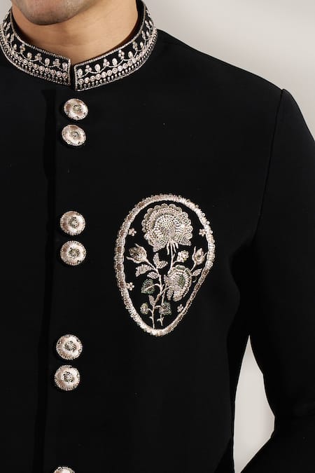 Rng Safawala_Black Terrycloth, Dupion Embroidery Resham Motif Achkan And Pant Set _at_Aza_Fashions