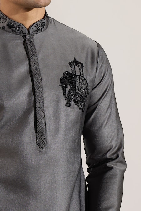 Rng Safawala_Gray Cotton, Silk, Dupion Embroidery, Stones Ombre Cutdana Kurta And Pant Set _Online_at_Aza_Fashions