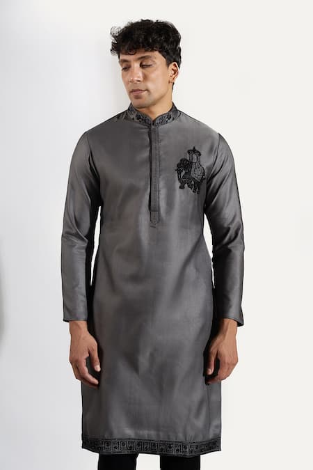 Buy_Rng Safawala_Gray Cotton, Silk, Dupion Embroidery, Stones Ombre Cutdana Kurta And Pant Set _Online_at_Aza_Fashions