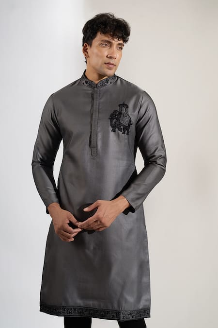 Shop_Rng Safawala_Gray Cotton, Silk, Dupion Embroidery, Stones Ombre Cutdana Kurta And Pant Set _Online_at_Aza_Fashions