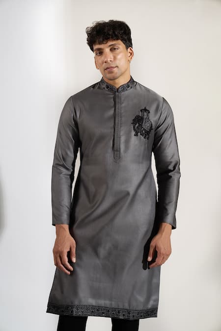 Rng Safawala_Gray Cotton, Silk, Dupion Embroidery, Stones Ombre Cutdana Kurta And Pant Set _at_Aza_Fashions