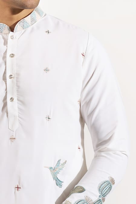 Shop_Rng Safawala_Off White Crepe, Silk, Dupion Embroidery, Resham Elephant And Bird Kurta Set _Online_at_Aza_Fashions