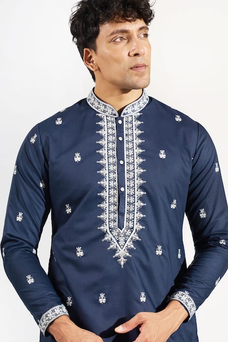 Rng Safawala_Blue Cotton, Silk, Dupion Embroidery, Sequins Thread And Kurta Set _Online_at_Aza_Fashions