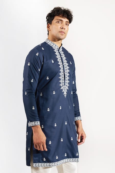 Buy_Rng Safawala_Blue Cotton, Silk, Dupion Embroidery, Sequins Thread And Kurta Set _Online_at_Aza_Fashions