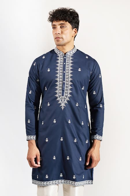 Shop_Rng Safawala_Blue Cotton, Silk, Dupion Embroidery, Sequins Thread And Kurta Set _Online_at_Aza_Fashions
