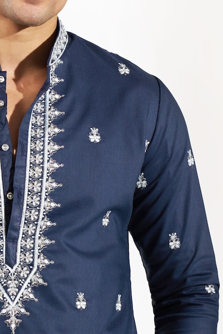 Rng Safawala_Blue Cotton, Silk, Dupion Embroidery, Sequins Thread And Kurta Set _at_Aza_Fashions