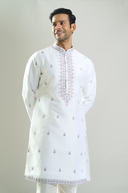 Rng Safawala_Off White Dupion Embroidery, Sequins Thread And Kurta Set _Online_at_Aza_Fashions