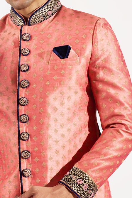 Rng Safawala_Peach Silk, Dupion Embroidery Dabka And Resham Achkan Set _Online_at_Aza_Fashions