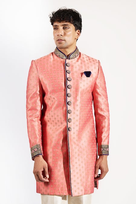Shop_Rng Safawala_Peach Silk, Dupion Embroidery Dabka And Resham Achkan Set _Online_at_Aza_Fashions