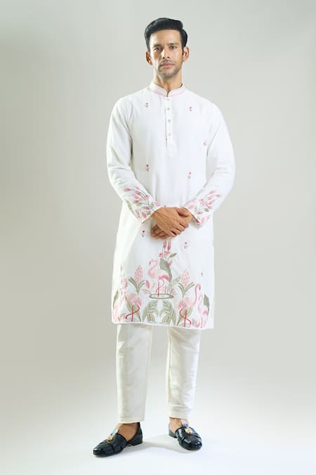 Rng Safawala Flamingo & Floral Resham Embroidered Kurta Set