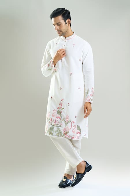 Rng Safawala Flamingo & Floral Resham Embroidered Kurta Set