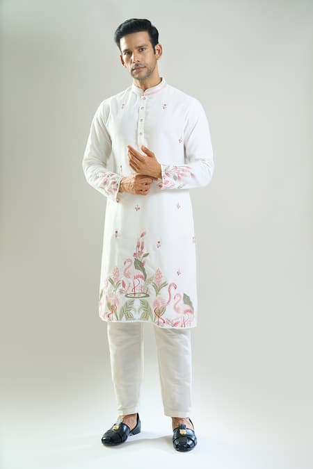Rng Safawala_Off White Crepe, Silk, Dupion Embroidery, Flamingo And Floral Resham Kurta Set _Online_at_Aza_Fashions