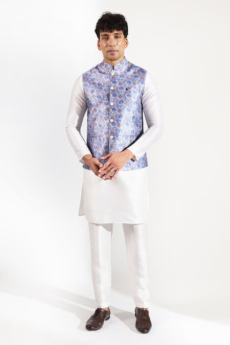 Rng Safawala Blue Cotton, Silk Floral Print Bundi Online at Aza Fashions Rng Safawala_Blue Cotton, Silk Floral Print Bundi _Online_at_Aza_Fashions