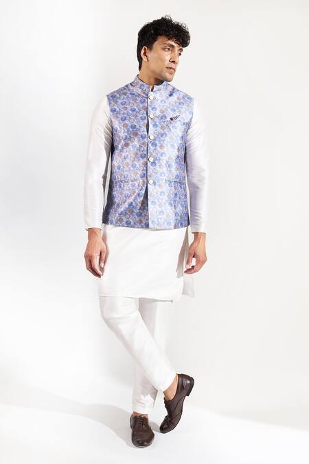 Buy Rng Safawala Blue Cotton, Silk Floral Print Bundi Online at Aza Fashions Buy_Rng Safawala_Blue Cotton, Silk Floral Print Bundi _Online_at_Aza_Fashions