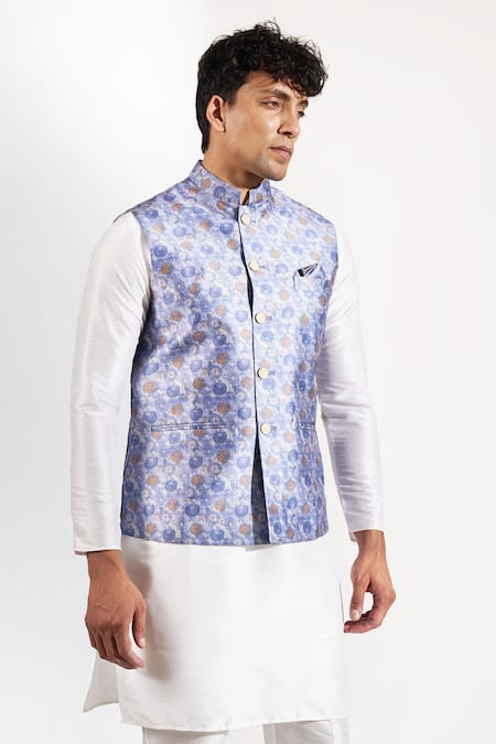 Shop Rng Safawala Blue Cotton, Silk Floral Print Bundi Online at Aza Fashions Shop_Rng Safawala_Blue Cotton, Silk Floral Print Bundi _Online_at_Aza_Fashions