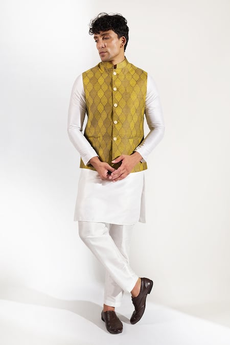 Buy_Rng Safawala_Green Cotton Block Print Bundi  _Online_at_Aza_Fashions