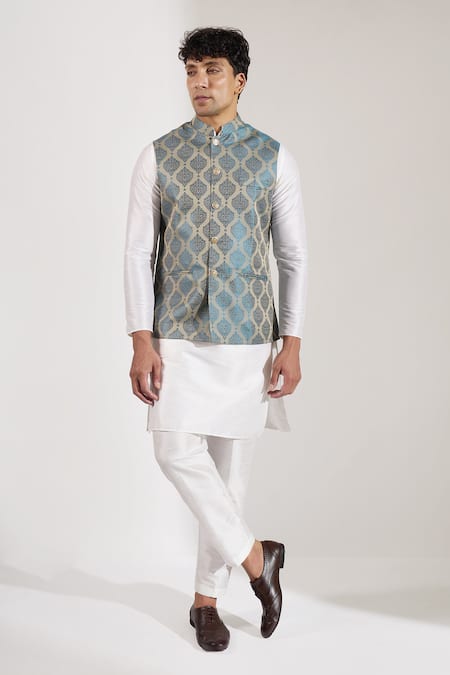 Rng Safawala_Navy Cotton, Silk Block Print Bundi _Online_at_Aza_Fashions