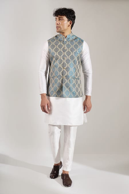Buy_Rng Safawala_Navy Cotton, Silk Block Print Bundi _Online_at_Aza_Fashions