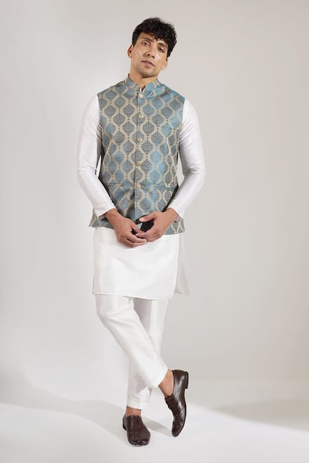 Shop_Rng Safawala_Navy Cotton, Silk Block Print Bundi _Online_at_Aza_Fashions
